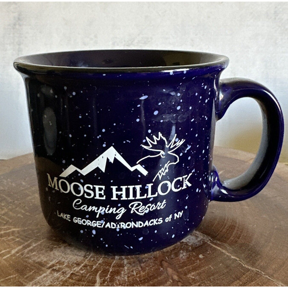 MOOSE HILLCOCK CAMPING RESORT Mug Cup Blue Speckled Campfire Coffee Adirondacks - Picture 1 of 7
